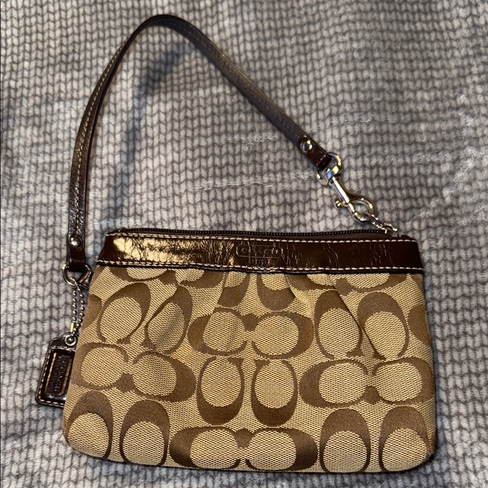 Coach Brown and Tan Wristlet with Signature Pattern